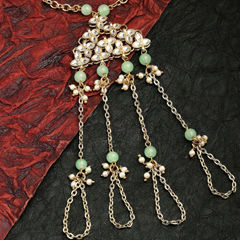 Gold Rodium Polish Green color Haath Paan in Brass studded with Kundan