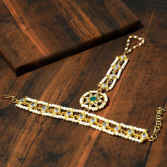 Gold Rodium Polish Green color Haath Paan in Brass studded with Kundan