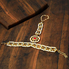 Gold Rodium Polish Red and Maroon color Haath Paan in Brass studded with Kundan