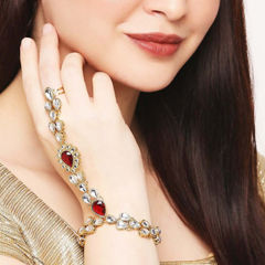 Gold Rodium Polish Red and Maroon color Bracelet in Brass studded with Kundan