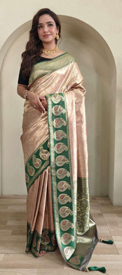 Beige and Brown color Saree in Silk fabric with Weaving work