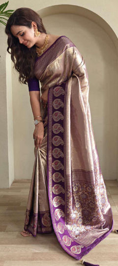 Beige and Brown color Saree in Silk fabric with Weaving work