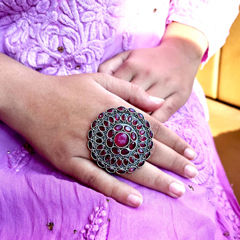 Silver Rodium Polish Pink and Majenta color Ring in Brass studded with CZ Diamond
