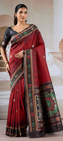 Red and Maroon color Saree in Blended, Silk fabric with Weaving, Zari work