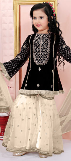 Black and Grey color Kids Salwar in Silk cotton fabric with Embroidered, Thread work