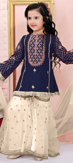 Blue color Kids Salwar in Silk cotton fabric with Embroidered, Thread work