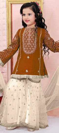 Beige and Brown color Kids Salwar in Silk cotton fabric with Embroidered, Thread work