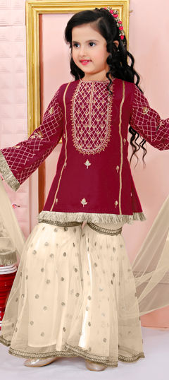 Red and Maroon color Kids Salwar in Silk cotton fabric with Embroidered, Thread work