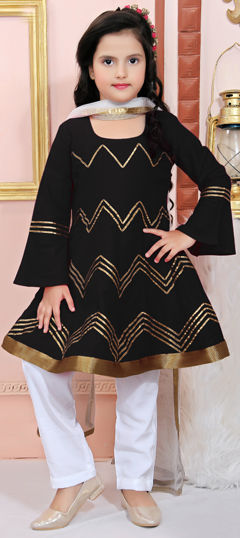 Black and Grey color Kids Salwar in Silk cotton fabric with Embroidered, Thread work