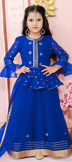 Blue color Kids Lehenga in Net fabric with Embroidered work