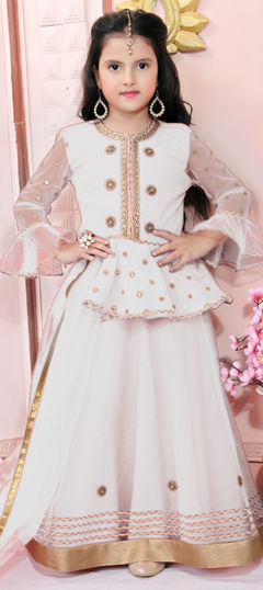 White and Off White color Kids Lehenga in Net fabric with Embroidered work