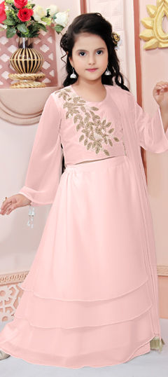 Pink and Majenta color Kids Lehenga in Faux Georgette, Silk cotton fabric with Embroidered work