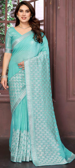 Blue color Saree in Shimmer, Tissue fabric with Weaving work