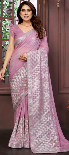 Pink and Majenta color Saree in Shimmer, Tissue fabric with Weaving work
