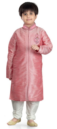 201626: Pink and Majenta color Boys Sherwani in Art Dupion Silk fabric with Cut Dana, Moti, Stone, Thread work