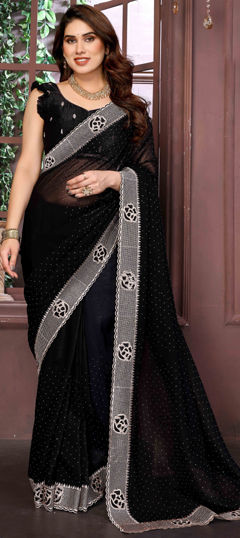 Black and Grey color Saree in Shimmer, Tissue fabric with Embroidered, Thread work