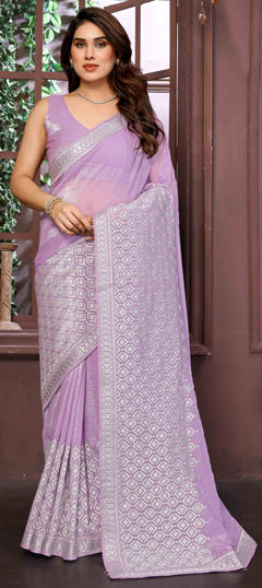 Purple and Violet color Saree in Shimmer, Tissue fabric with Weaving work