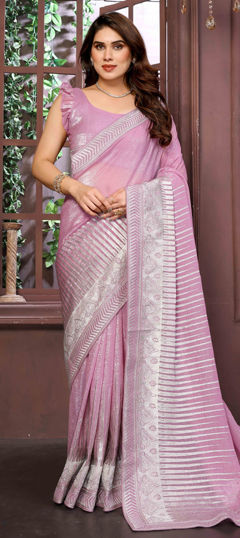 Pink and Majenta color Saree in Shimmer, Tissue fabric with Weaving work