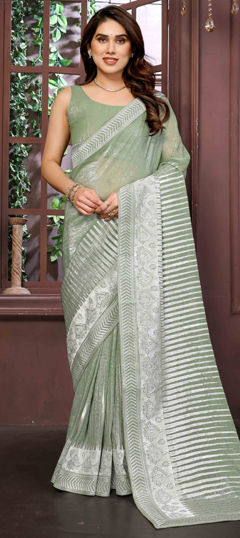 Green color Saree in Shimmer, Tissue fabric with Weaving work