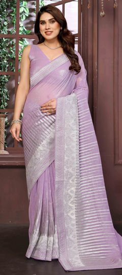 Purple and Violet color Saree in Shimmer, Tissue fabric with Weaving work