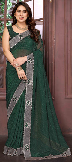 Green color Saree in Shimmer, Tissue fabric with Embroidered, Thread work