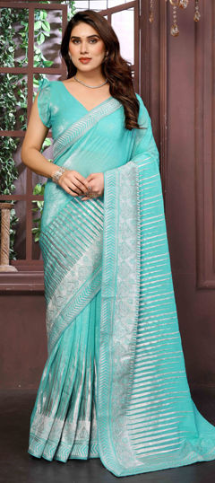 Blue color Saree in Shimmer, Tissue fabric with Weaving work