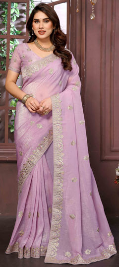 Purple and Violet color Saree in Shimmer, Tissue fabric with Weaving work