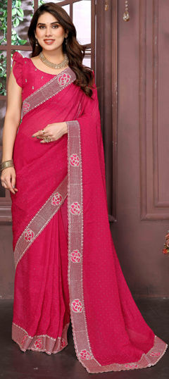 Pink and Majenta color Saree in Shimmer, Tissue fabric with Embroidered, Thread work
