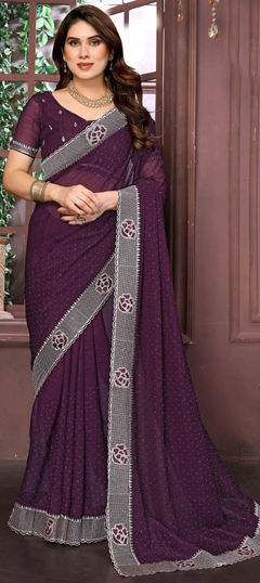 Purple and Violet color Saree in Shimmer, Tissue fabric with Embroidered, Thread work