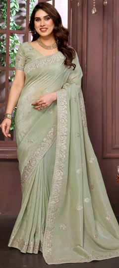 Green color Saree in Shimmer, Tissue fabric with Weaving work