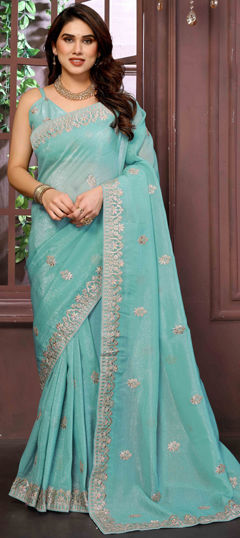 Blue color Saree in Shimmer, Tissue fabric with Weaving work