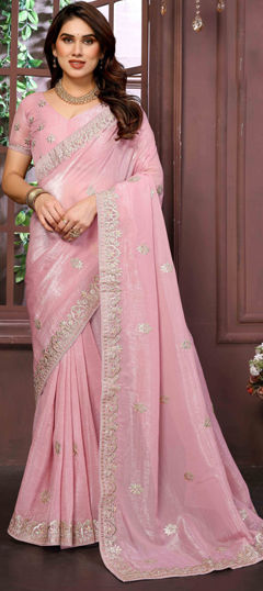 Pink and Majenta color Saree in Shimmer, Tissue fabric with Weaving work