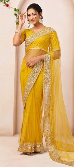Yellow color Saree in Net fabric with Sequence work