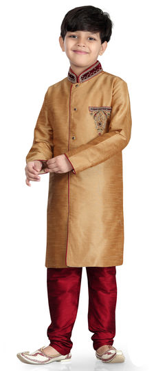 201628: Beige and Brown color Boys Sherwani in Art Dupion Silk fabric with Stone, Thread, Zardozi work