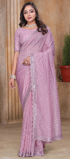 Pink and Majenta color Saree in Crushed Silk fabric with Resham, Sequence, Stone, Thread, Zircon work
