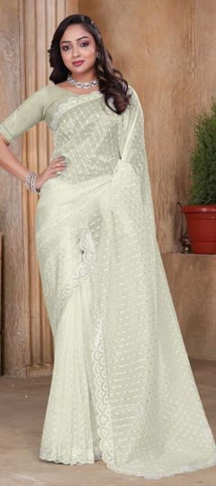 Beige and Brown color Saree in Crushed Silk fabric with Resham, Sequence, Stone, Thread, Zircon work