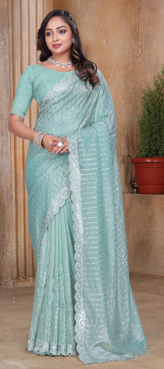 Blue color Saree in Crushed Silk fabric with Resham, Sequence, Stone, Thread, Zircon work