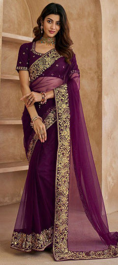 Purple and Violet color Saree in Net fabric with Sequence work