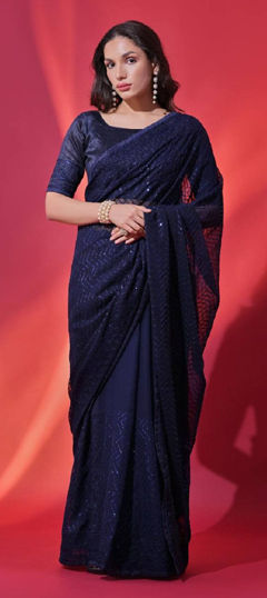 Blue color Saree in Silk fabric with Embroidered, Sequence, Thread work