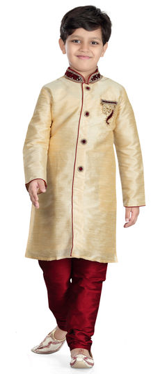 201630: Gold color Boys Indo-Western in Art Dupion Silk fabric with Cut Dana, Stone, Valvet, Zardozi work