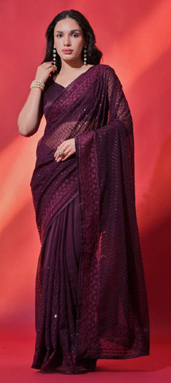 Purple and Violet color Saree in Silk fabric with Embroidered, Sequence, Thread work