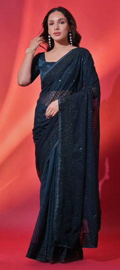 Blue color Saree in Silk fabric with Embroidered, Sequence, Thread work