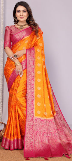 Orange color Saree in Satin Silk fabric with Weaving work