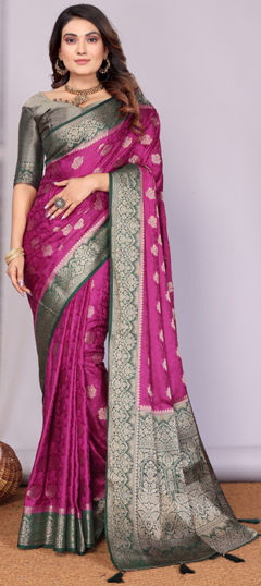 Pink and Majenta color Saree in Satin Silk fabric with Weaving work