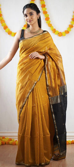 Yellow color Saree in Linen fabric with Weaving work