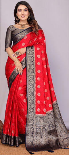 Red and Maroon color Saree in Satin Silk fabric with Weaving work