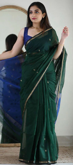 Green color Saree in Linen fabric with Weaving work