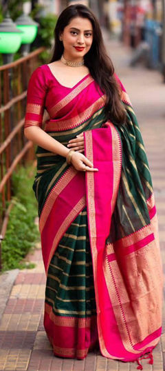 Green, Pink and Majenta color Saree in Art Silk fabric with Weaving work