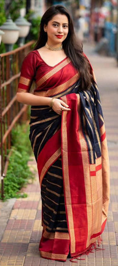 Blue, Red and Maroon color Saree in Art Silk fabric with Weaving work