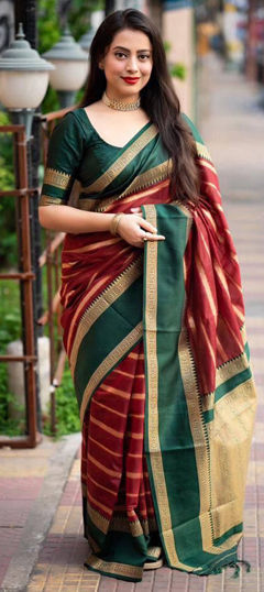 Green, Red and Maroon color Saree in Art Silk fabric with Weaving work